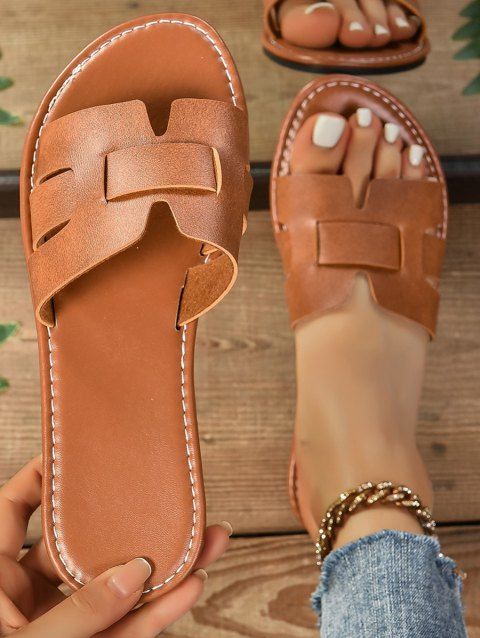 Solid Color Faux Leather Open Toe Flat Platform Slip On Casual Beach Outdoor Sandals