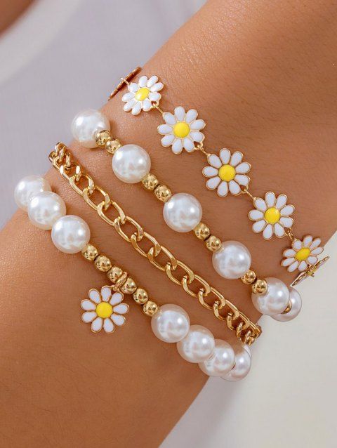 Lot de 4 bracelets bohèmes avec pendentifs floraux en forme de marguerite et perles synthétiques