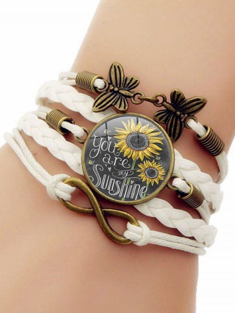 Bracelet vintage tressé avec pendentif en forme de cercle et imprimé tournesol et papillon