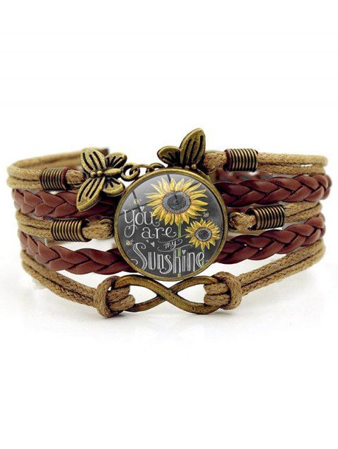 Bracelet vintage tressé avec pendentif en forme de cercle et imprimé tournesol et papillon