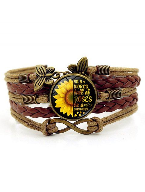 Bracelet vintage tressé avec pendentif cercle, tournesol, lettre imprimée, papillon