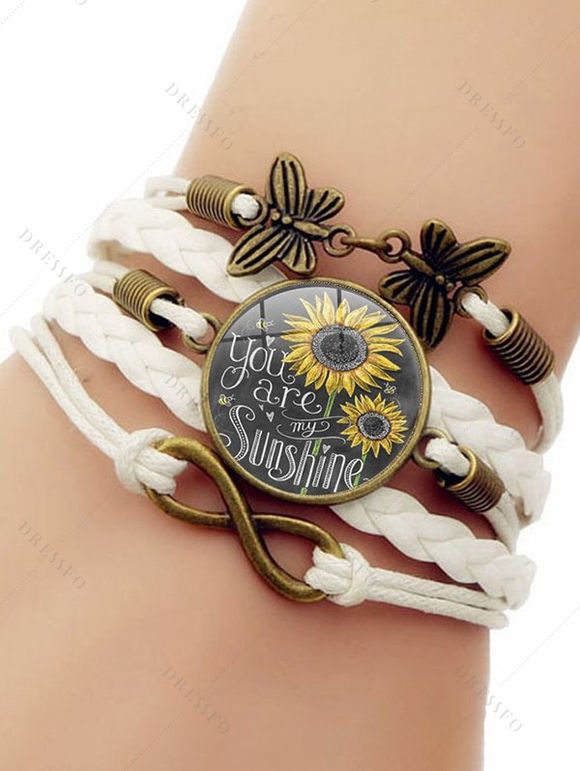 Bracelet vintage tressé avec pendentif en forme de cercle et imprimé tournesol et papillon - Blanc 