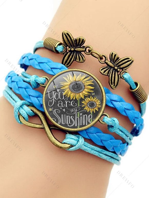 Bracelet vintage tressé avec pendentif en forme de cercle et imprimé tournesol et papillon - Bleu 
