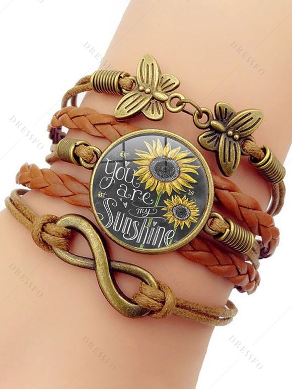 Bracelet vintage tressé avec pendentif en forme de cercle et imprimé tournesol et papillon - café 