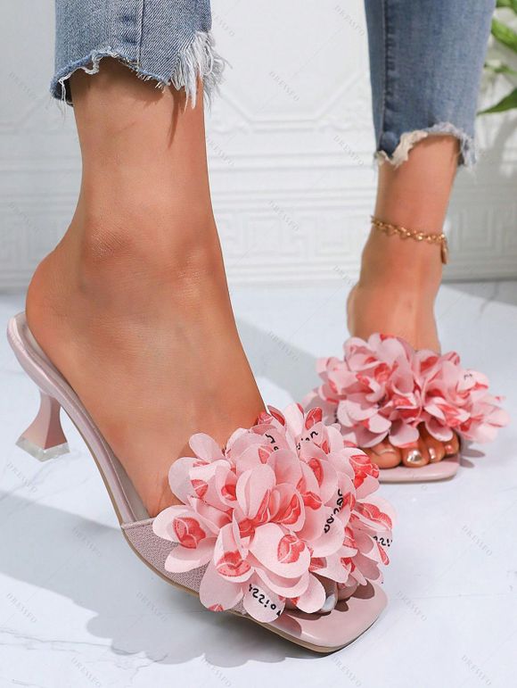 Flower High Heels Vacation Sandals Slip On Open Square Toe Trendy Sandals - Rose clair EU 42