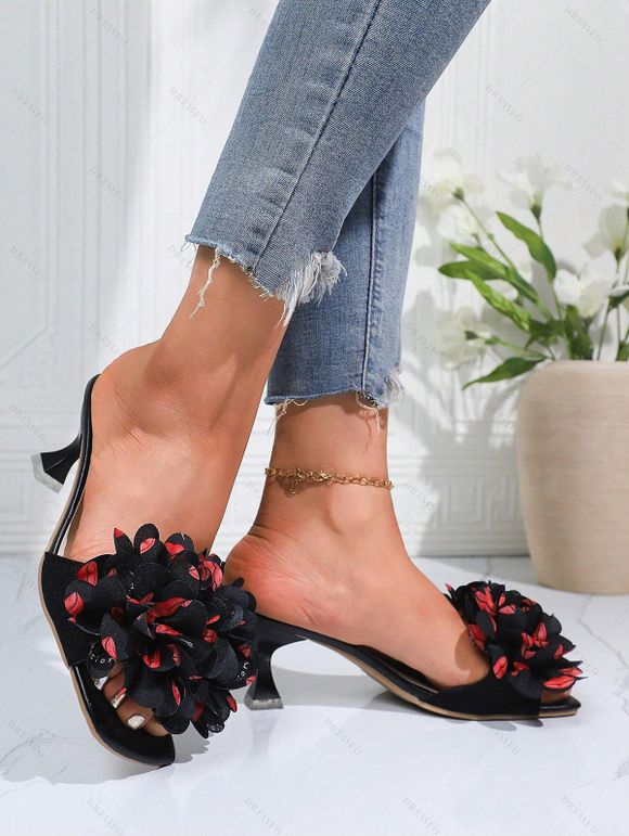 Flower High Heels Vacation Sandals Slip On Open Square Toe Trendy Sandals - Noir EU 42