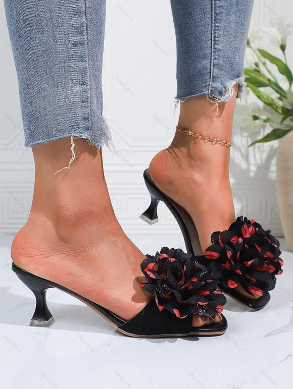 Flower High Heels Vacation Sandals Slip On Open Square Toe Trendy Sandals - Noir EU 42