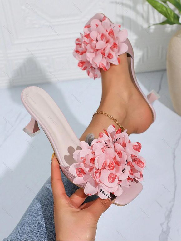Flower High Heels Vacation Sandals Slip On Open Square Toe Trendy Sandals - Rose clair EU 40