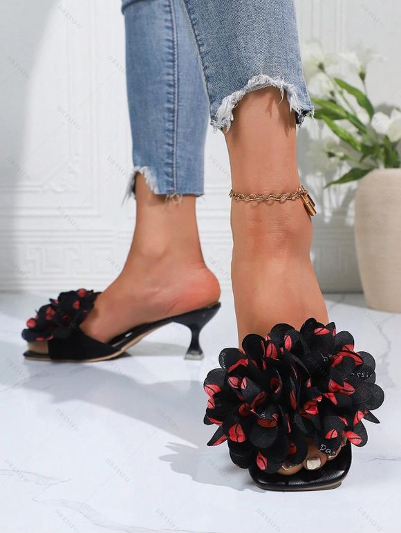 Flower High Heels Vacation Sandals Slip On Open Square Toe Trendy Sandals - Noir EU 42