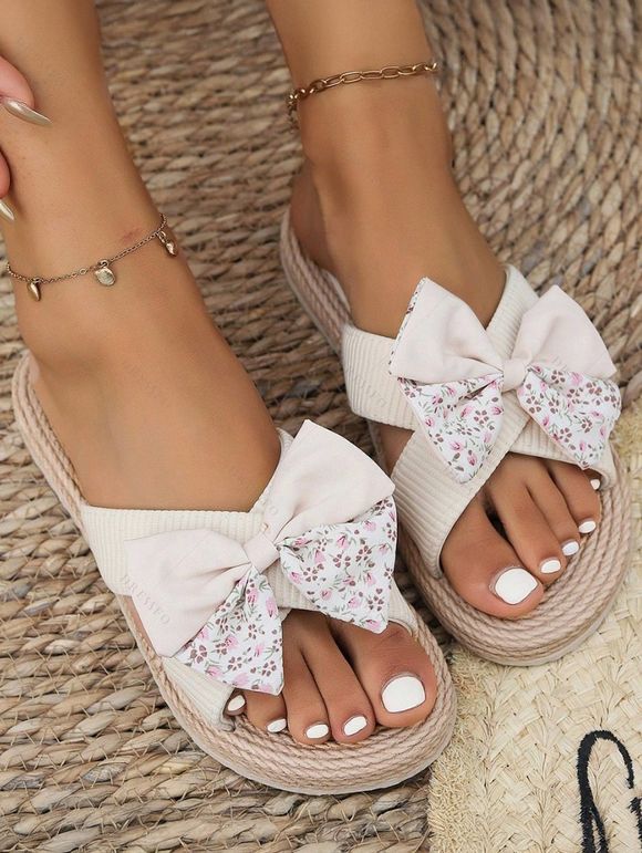 Ditsy Floral Print Bowknot Beach Sandals Flat Platform Open Toe Vacation Outdoor Sandals - Blanc de Crème EU 42