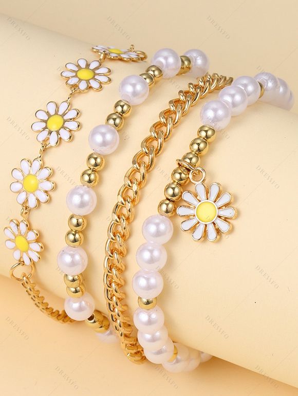 Lot de 4 bracelets bohèmes avec pendentifs floraux en forme de marguerite et perles synthétiques - Blanc 