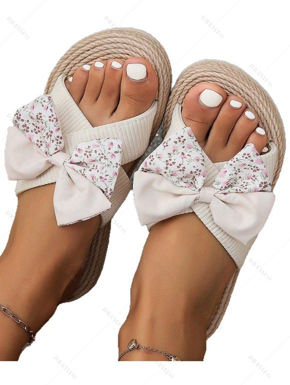 Ditsy Floral Print Bowknot Beach Sandals Flat Platform Open Toe Vacation Outdoor Sandals - Blanc de Crème EU 42