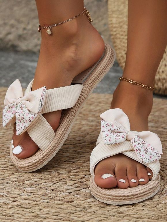 Ditsy Floral Print Bowknot Beach Sandals Flat Platform Open Toe Vacation Outdoor Sandals - Blanc de Crème EU 42