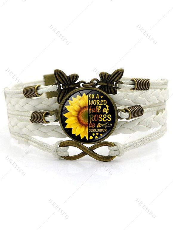 Bracelet vintage tressé avec pendentif cercle, tournesol, lettre imprimée, papillon - Blanc 