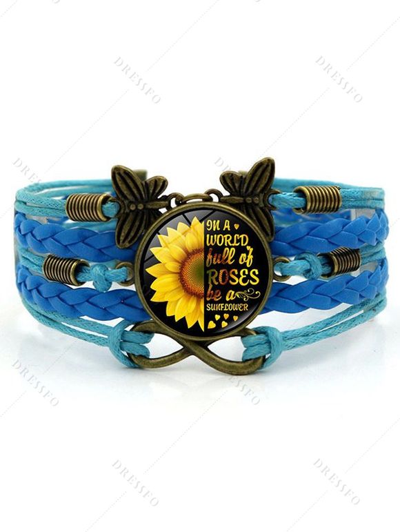 Bracelet vintage tressé avec pendentif cercle, tournesol, lettre imprimée, papillon - Bleu 