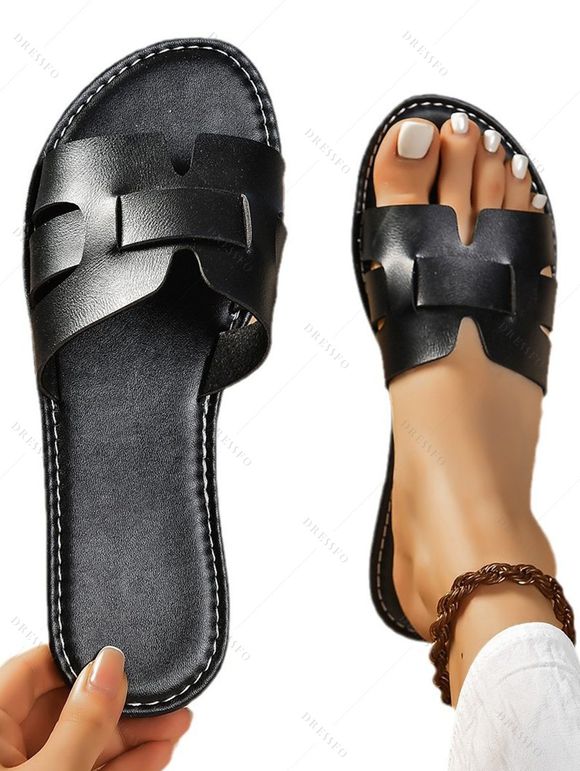 Solid Color Faux Leather Open Toe Flat Platform Slip On Casual Beach Outdoor Sandals - Noir EU 42
