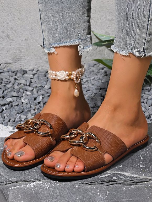 Metal Embellishment Open Toe Flat Platform Slip On V Notched Casual Outdoor Sandals - café EU 42