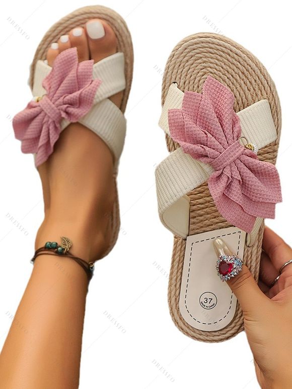 Bowknot Sweetness Beach Sandals Slip On Flat Platform Vacation Outdoor Sandals - Rose clair EU 42