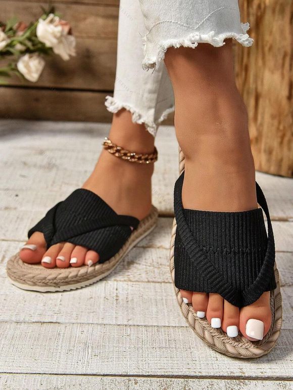 Contrast Color Flip Flops Flat Platform Slip On Beach Outdoor Sandals - Noir EU 42