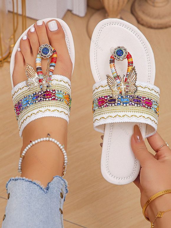 Ethnic Print Hollow Out Butterfly Flip Flops Flat Platform Slip On Bohemian Sandals - Blanc EU 39