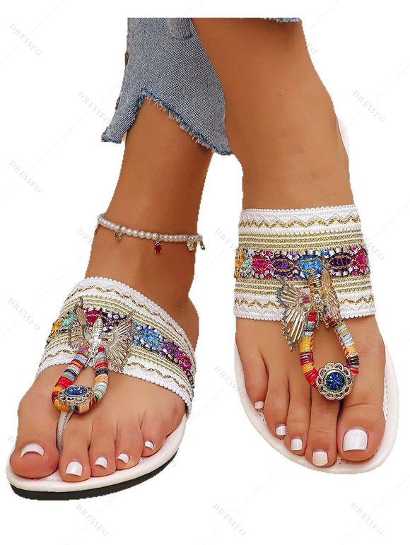 Ethnic Print Hollow Out Butterfly Flip Flops Flat Platform Slip On Bohemian Sandals - Blanc EU 39