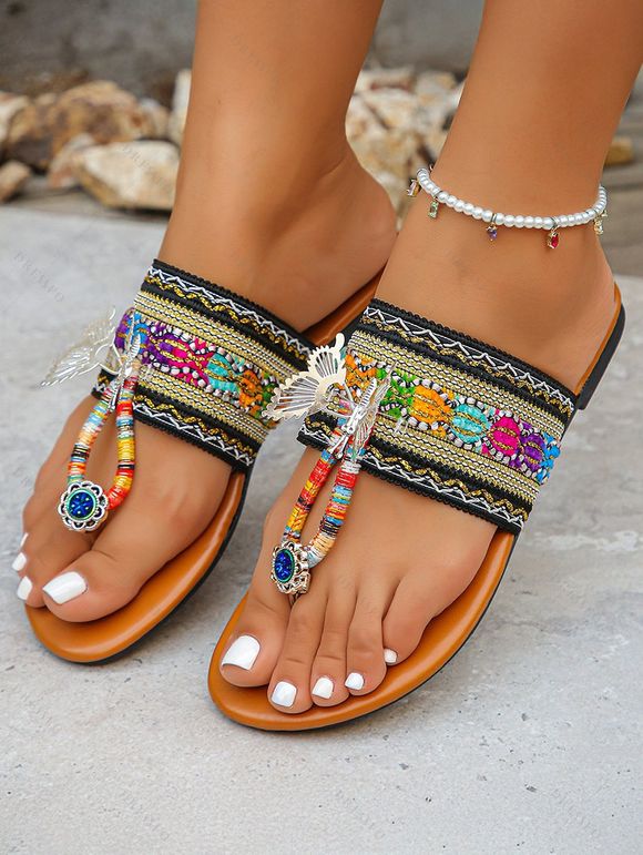 Ethnic Print Hollow Out Butterfly Flip Flops Flat Platform Slip On Bohemian Sandals - multicolor A EU 42