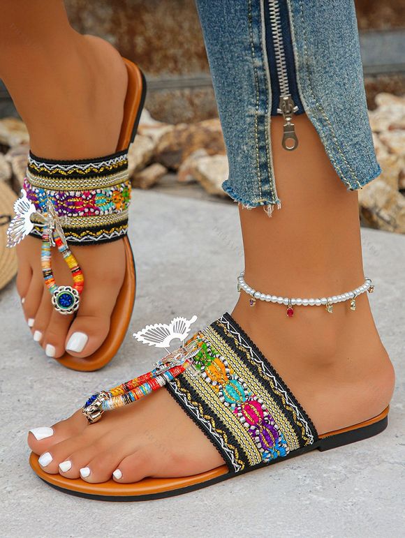 Ethnic Print Hollow Out Butterfly Flip Flops Flat Platform Slip On Bohemian Sandals - multicolor A EU 42