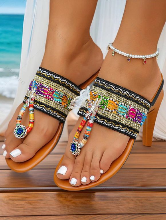 Ethnic Print Hollow Out Butterfly Flip Flops Flat Platform Slip On Bohemian Sandals - multicolor A EU 42