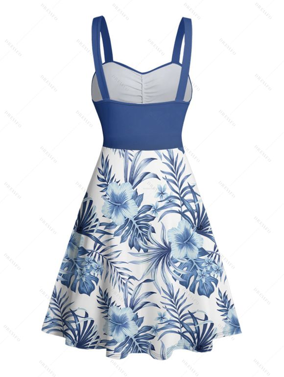 Family Outfit Hibiscus Floral Leaf Pattern Belt Dress Girls Dress and Roll Up Sleeve Shirt Drawstrings Shorts Vacation Set - Bleu profond S | US 4