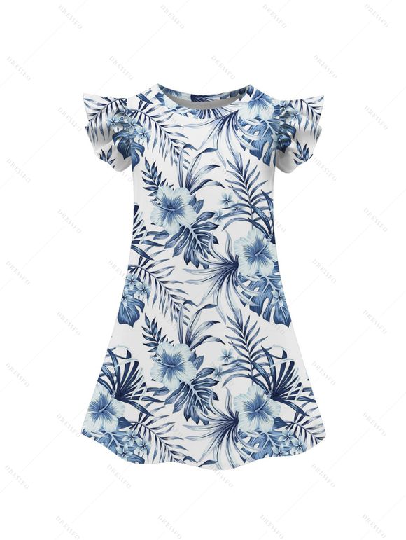 Family Outfit Hibiscus Floral Leaf Pattern Belt Dress Girls Dress and Roll Up Sleeve Shirt Boy Shirt Drawstrings Shorts Vacation Set - Bleu profond S | US 4