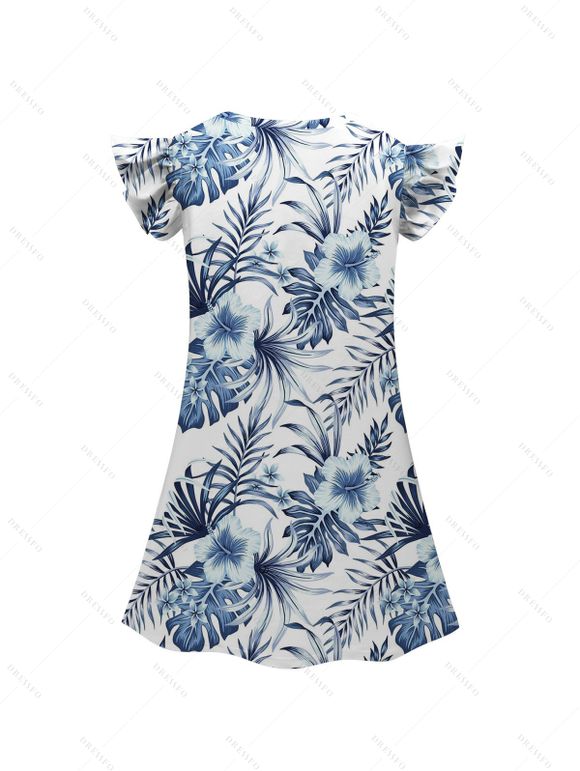 Family Outfit Hibiscus Floral Leaf Pattern Belt Dress Girls Dress and Roll Up Sleeve Shirt Boy Shirt Drawstrings Shorts Vacation Set - Bleu profond S | US 4