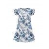 Girls Dress Allover Hibiscus Floral Leaf Pattern Vacation Dress Short Flutter Sleeve A Line Mini Kid Dress - Bleu profond 120