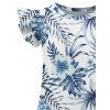 Girls Dress Allover Hibiscus Floral Leaf Pattern Vacation Dress Short Flutter Sleeve A Line Mini Kid Dress - Bleu profond 120