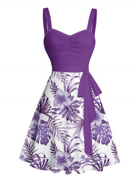Mini-robe ceinturée à imprimé feuilles et fleurs tropicales