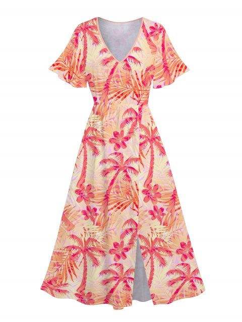 Robe mi-longue à imprimé tropical hawaïen, col en V, ourlet fendu, manches flottantes