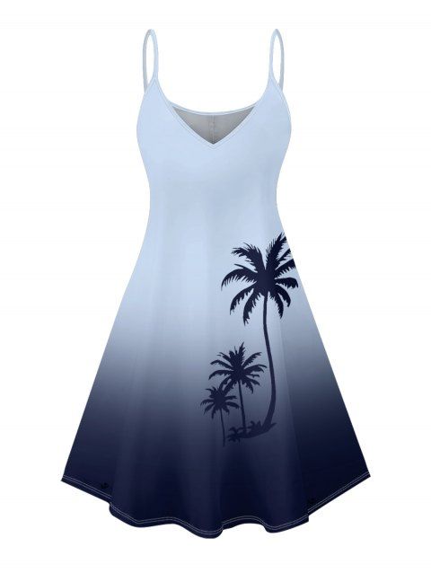 Robe de vacances à motif ombré de cocotiers, bretelles spaghetti, col en V, coupe trapèze, mini-robe de plage