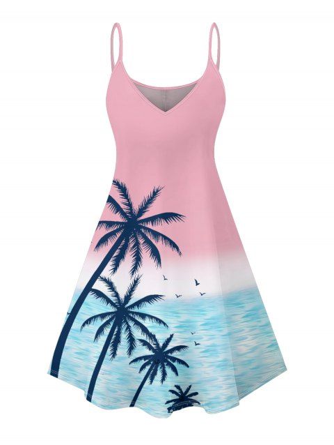 Robe de vacances ombrée à motif palmier et mer, bretelles spaghetti, col en V, mini-robe débardeur trapèze