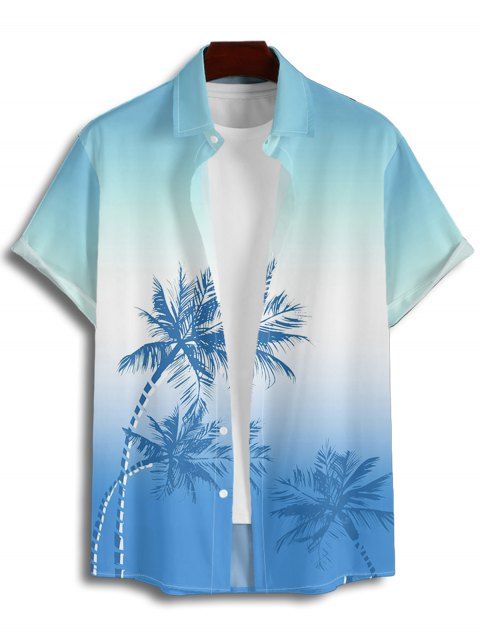 Chemise de vacances à motif palmier pour homme, coupe ombrée, manches courtes retroussées, boutonnée, pour la plage