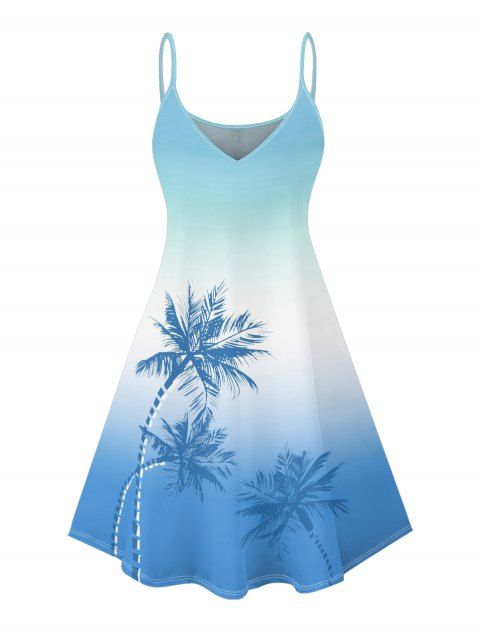 Robe de vacances ombrée à motif palmier, bretelles spaghetti, col en V, coupe trapèze, mini-robe de plage