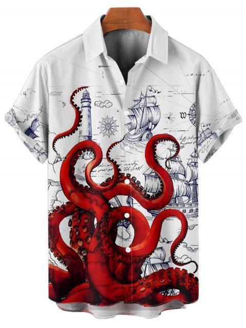 Chemise de vacances à manches courtes et boutons pour homme, motif pieuvre, décontractée