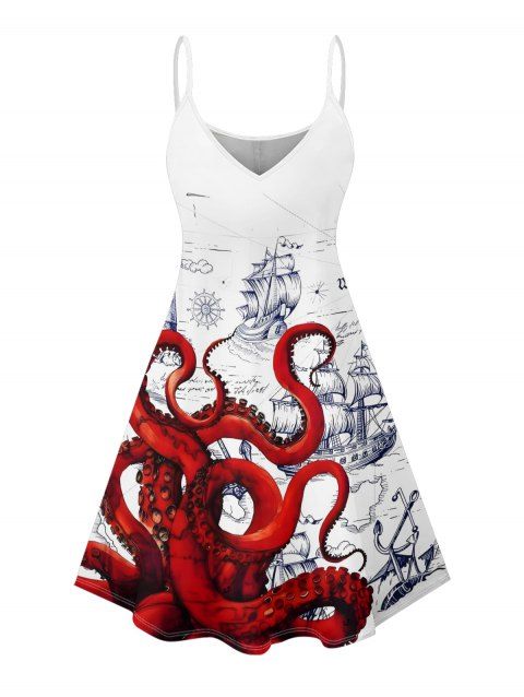 Robe de vacances à motif de bateau poulpe, mini-robe débardeur à bretelles spaghetti et col en V