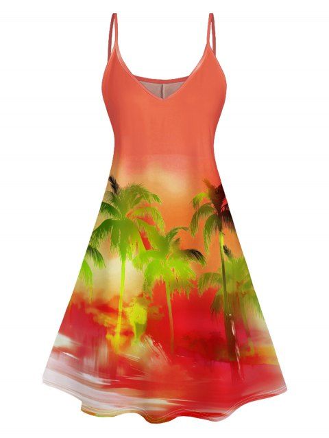 Robe de vacances hawaïenne à imprimé palmiers ombrés, mini-robe à bretelles spaghetti et col en V