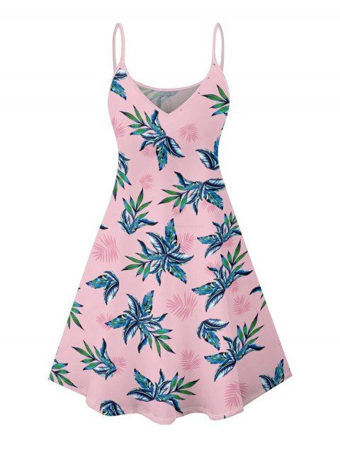 Tropical Plant Print Hawaii Dress Spaghetti Strap V Neck A Line Mini Vacation Tank Dress
