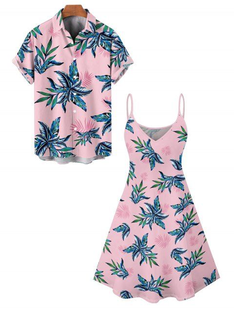 Hawaii Couple Outfit Tropical Plant Print Spaghetti Strap V Neck A Line Mini Tank Dress and Roll Up Sleeve Shirt Vacation Matching Outfit
