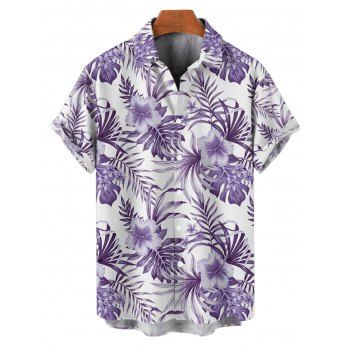 Tropical Flower Leaf Print Belted Mini Vacation Dress And Short Sleeve Shirt Matching Outfit