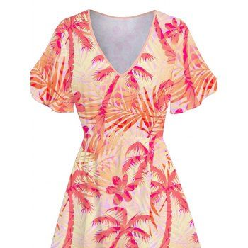 Hawaii Tropical Print V Neck Split Hem Flutter Sleeve Midi Vacation Dress