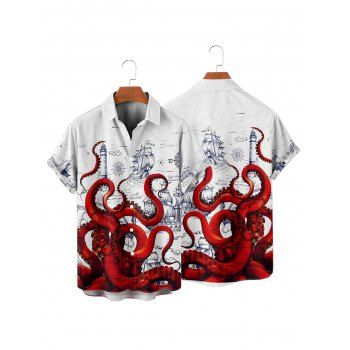 Vacation Couple Outfit Octopus Ship Pattern Spaghetti Strap V Neck A Line Mini Tank Dress and Roll Up Sleeve Shirt Matching Outfit