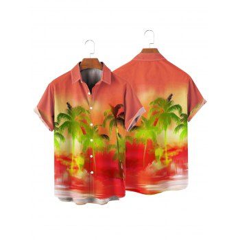 Ombre Palm Tree Print Hawaii Vacation Spaghetti Strap V Neck Mini Dress And Short Sleeve Shirt Matching Outfit