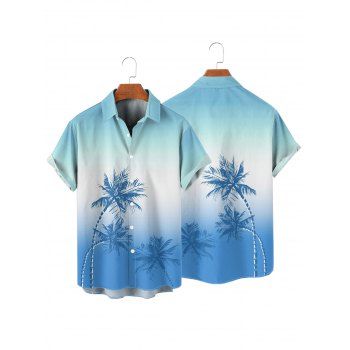 Vacation Couple Outfit Ombre Palm Tree Pattern Spaghetti Strap V Neck A Line Mini Tank Dress and Roll Up Sleeve Shirt Beach Two Piece Set