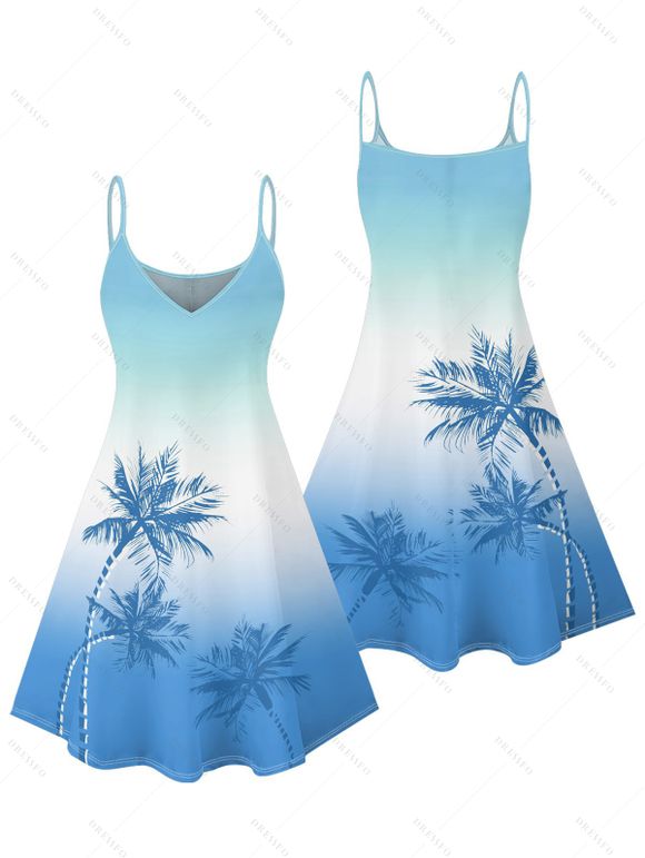 Robe de vacances ombrée à motif palmier, bretelles spaghetti, col en V, coupe trapèze, mini-robe de plage - Bleu Ciel XL | US 12